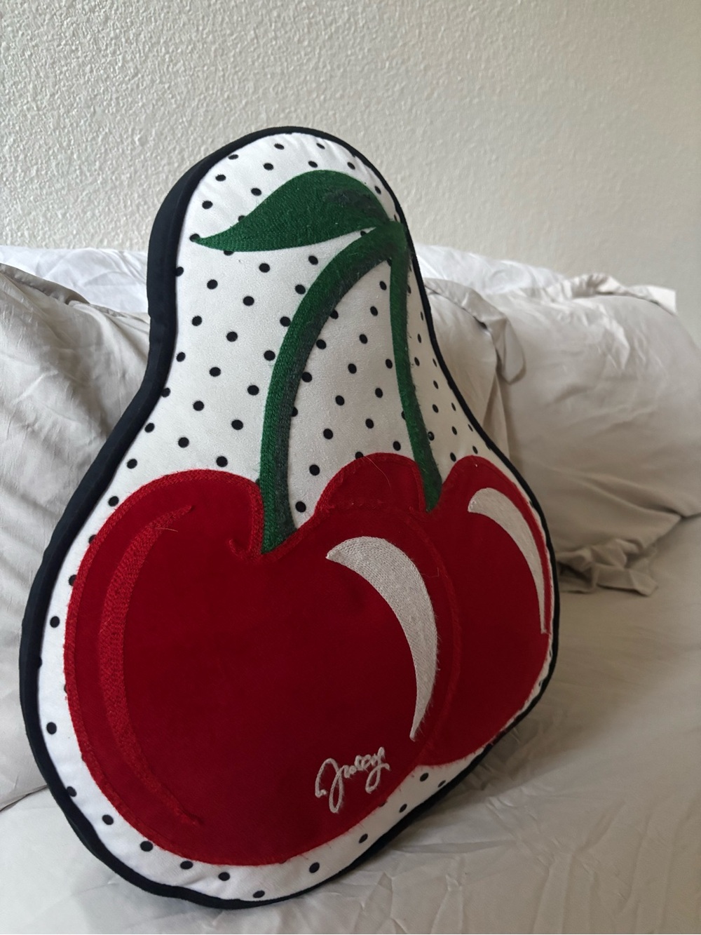 Juicy Couture Red Cherry Accent Pillow with Green Stem